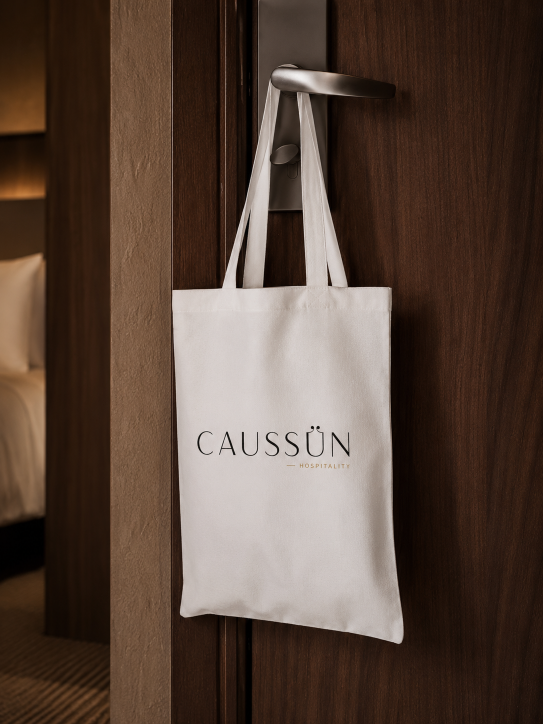 Tote bag Caussün Hospitality en coton suspendu à une poignée de porte d'hôtel